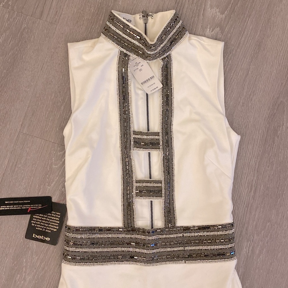 Bebe mini white beaded sequin charcoal ladder cutout sexy dress bodycon